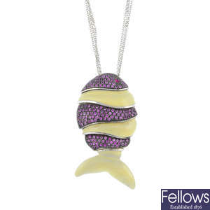 An enamel, pink sapphire and ruby fish pendant, with chain.