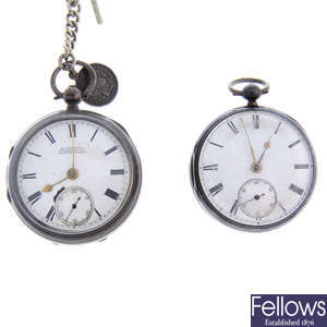 A group of six silver pocket watches. 