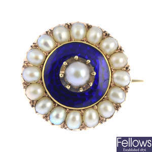 A mid Victorian gold split pearl and blue enamel brooch.