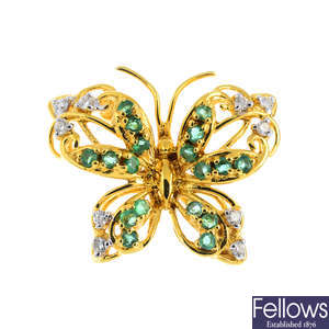 An 18ct gold emerald and diamond butterfly brooch.