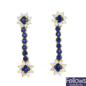 A pair of sapphire and colourless gem earrings.