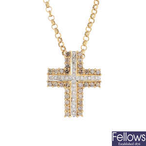 A 9ct gold diamond and 'brown' diamond cross pendant, with a 9ct gold chain.