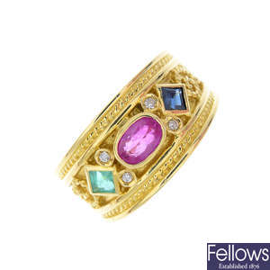 A 14ct gold diamond and gem-set ring.