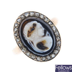 A mid Victorian gold onyx cameo diamond cluster ring.