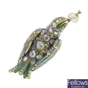 A diamond, pearl and enamel parrot brooch.