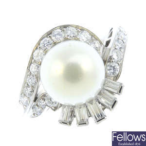 A mid 20th century cultured pearl and diamond dress ring.