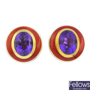 DE VROOMEN - a pair of 18ct gold amethyst and enamel earrings.