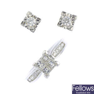 An 18ct gold diamond ring and pair of 9ct gold diamond earrings.
