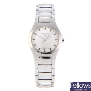 LONGINES - a lady's stainless steel Oposition bracelet watch.