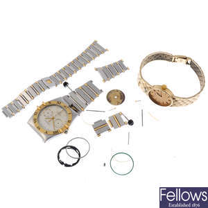 OMEGA - a lady's 9ct yellow gold bracelet watch with an Omega watch head.