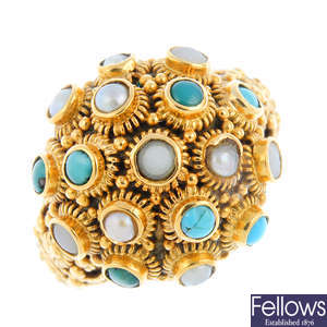 A mid 20th century turquoise and split pearl ring.