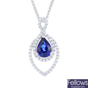 An 18ct gold sapphire and diamond pendant, with chain.