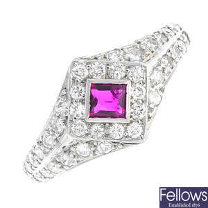 A platinum ruby and diamond dress ring.