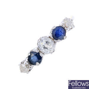 A mid 20th century 18ct gold and platinum, diamond and sapphire five-stone ring.