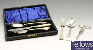 A similarly matched late Victorian and later silver christening set, etc.
