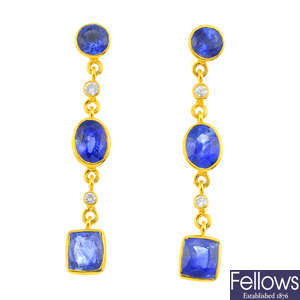 A pair of 18ct gold Sri Lankan sapphire and diamond earrings.