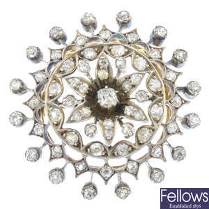 A late Victorian silver and gold, diamond brooch.