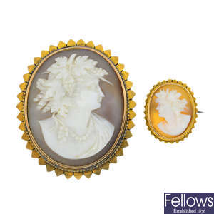 Two late Victorian gold cameo brooches.