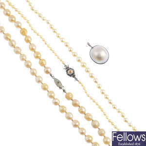A mabe pearl pendant, a cultured pearl necklace and an imitation pearl necklace.