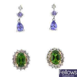 Three pairs of diamond and gem-set earrings.