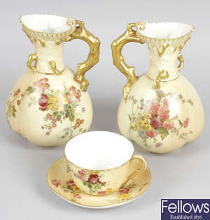 A pair of Royal Worcester bone china jugs, a pair of similar bud ewers, cabinet plate, etc. (15).