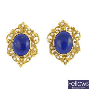 A pair of lapis lazuli and split pearl earrings.