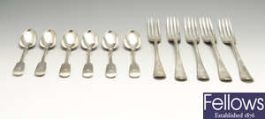 A selection of silver flatware to include a set of six early Victorian silver teaspoons, a set of six early Victorian silver table forks, etc.