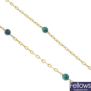 Two pair of 9ct gold gem-set earrings and a chain.