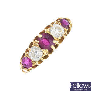 An Edwardian 18ct gold ruby, diamond and garnet-topped-doublet five-stone ring.