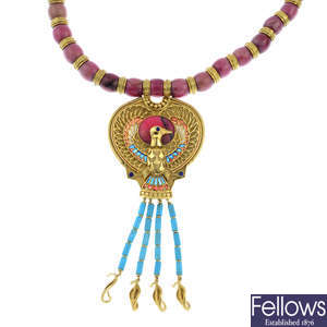 A rhodonite, enamel and gem-set necklace.