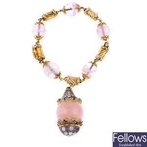 A rose quartz, diamond, ruby, garnet, opal and sapphire bracelet.
