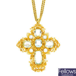 An early Victorian gold aquamarine pendant, with late Victorian gold chain.