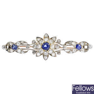 An early 20th century silver and gold, sapphire and diamond brooch.