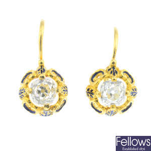 A pair of late Victorian gold diamond and enamel earrings.