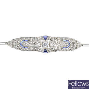 A mid 20th century gold and platinum, sapphire and diamond bracelet.