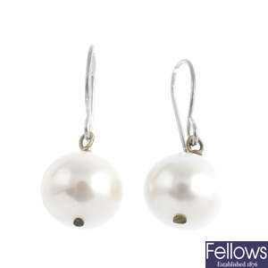 Three pairs of cultured pearl earrings.