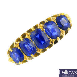 A late Victorian 18ct gold sapphire five-stone ring.