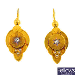 A pair of late Victorian gold diamond earrings.