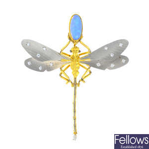 An 18ct gold opal and diamond dragonfly brooch.