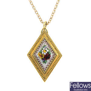 A late Victorian gold micro mosaic pendant, with chain.