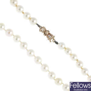 A 9ct gold cultured pearl necklace, a watch, and a selection of costume jewellery.