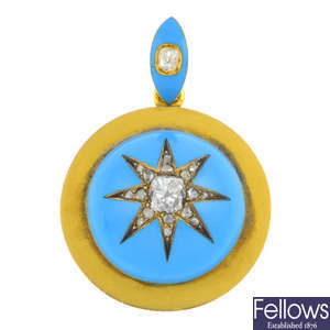 A late Victorian 18ct gold diamond and enamel pendant.