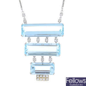 An aquamarine and diamond necklace.