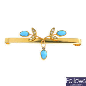An early 20th century 15ct gold turquoise and split pearl bar brooch.