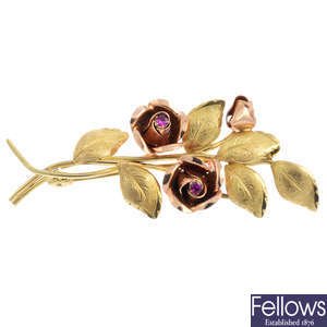 A 1960s 9ct gold ruby floral brooch.