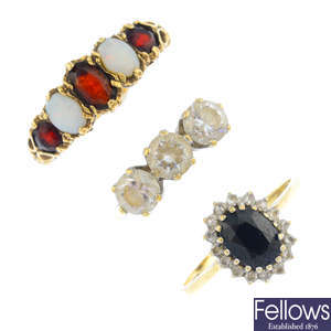 Seven 9ct gold gem-set and diamond rings.