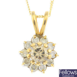 A diamond cluster pendant, with 9ct gold chain.