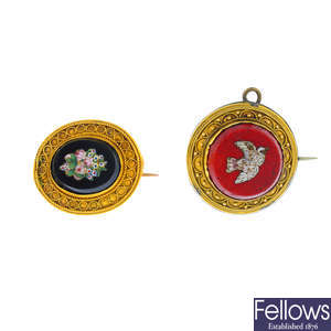Two late Victorian gold micro mosaic brooches.