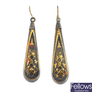 A pair of late Victorian tortoiseshell pique earrings.