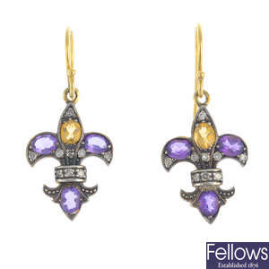 A pair of amethyst, citrine and diamond earrings.